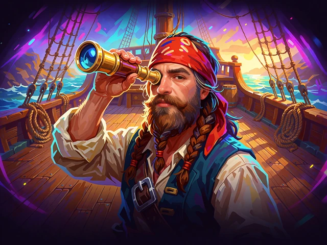 Slotmotiv med en piratkaptajn med r&oslash;dt t&oslash;rkl&aelig;de og kikkert p&aring; et skibsd&aelig;k i en solbeskinnet havn