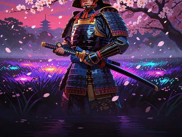 Slotmotiv med en samurai i sort rustning og faldende kirseb&aelig;rblomster foran en t&aring;get pagode