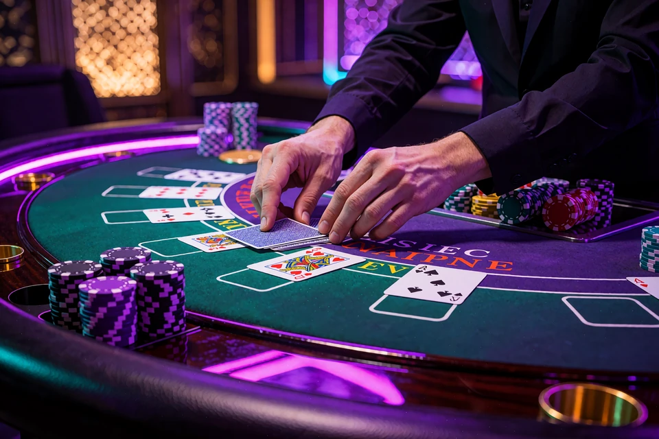 Dealerens h&aelig;nder l&aelig;gger kort ud p&aring; et gr&oslash;nt blackjackbord ved siden af stakke af violette og sorte jetoner
