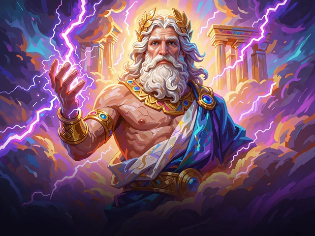 Slotmotiv med en sk&aelig;gget himmelgud, der kaster violet lyn under stormskyer foran et gyldent tempel