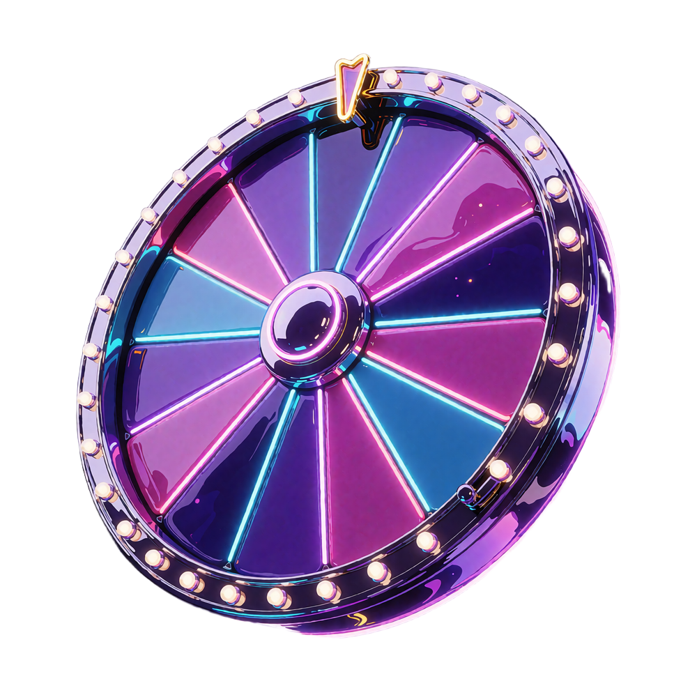 Neonfarvet lykkehjul med violette og magenta felter, krom-kant med lysp&aelig;rer og gylden pil - Wheel of Fortune hos WinBeatz Casino