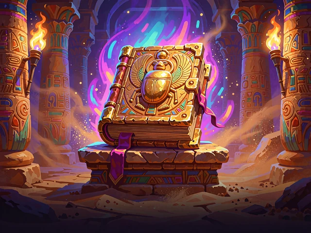 Eventyrslot-motiv med en gylden relikviebog p&aring; en piedestal i et fakkeloplyst egyptisk gravkammer