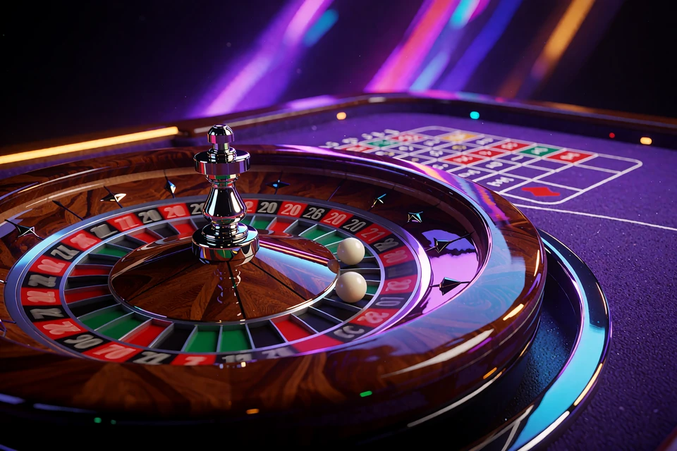 Roulettehjul i poleret tr&aelig; med en hvid kugle i bev&aelig;gelse i et live casino-studie med violet og rav lys