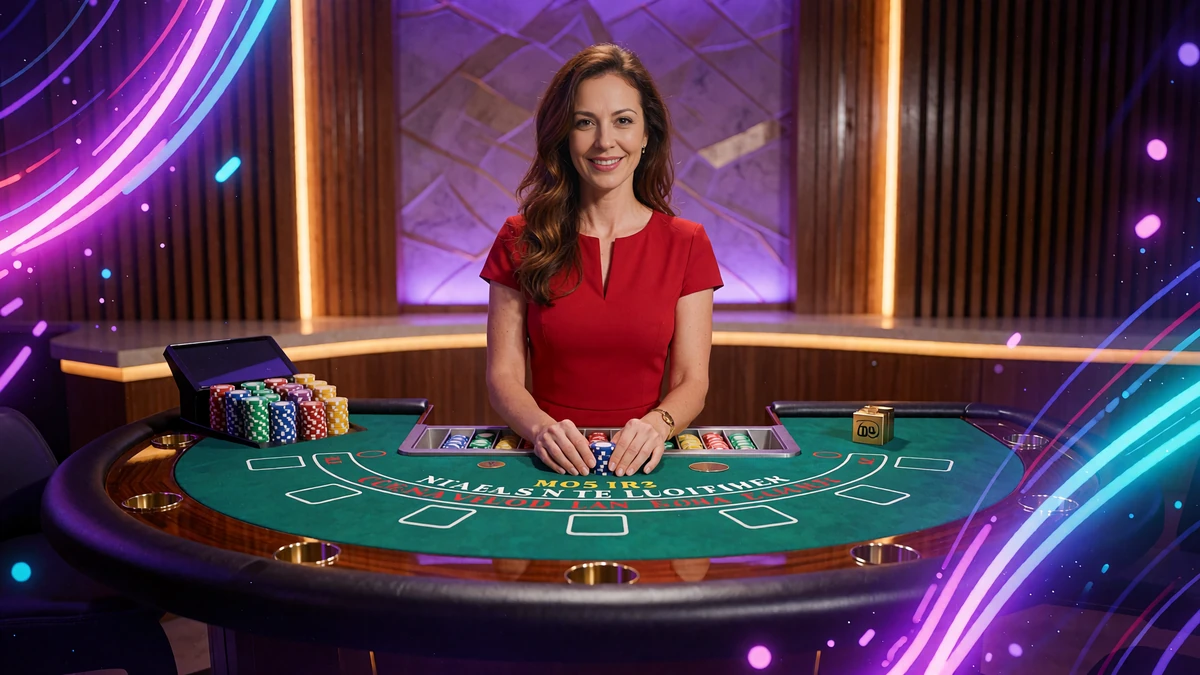 Live casino-dealer i r&oslash;d kjole ved et gr&oslash;nt blackjackbord i et studie med tr&aelig;paneler og violet lys
