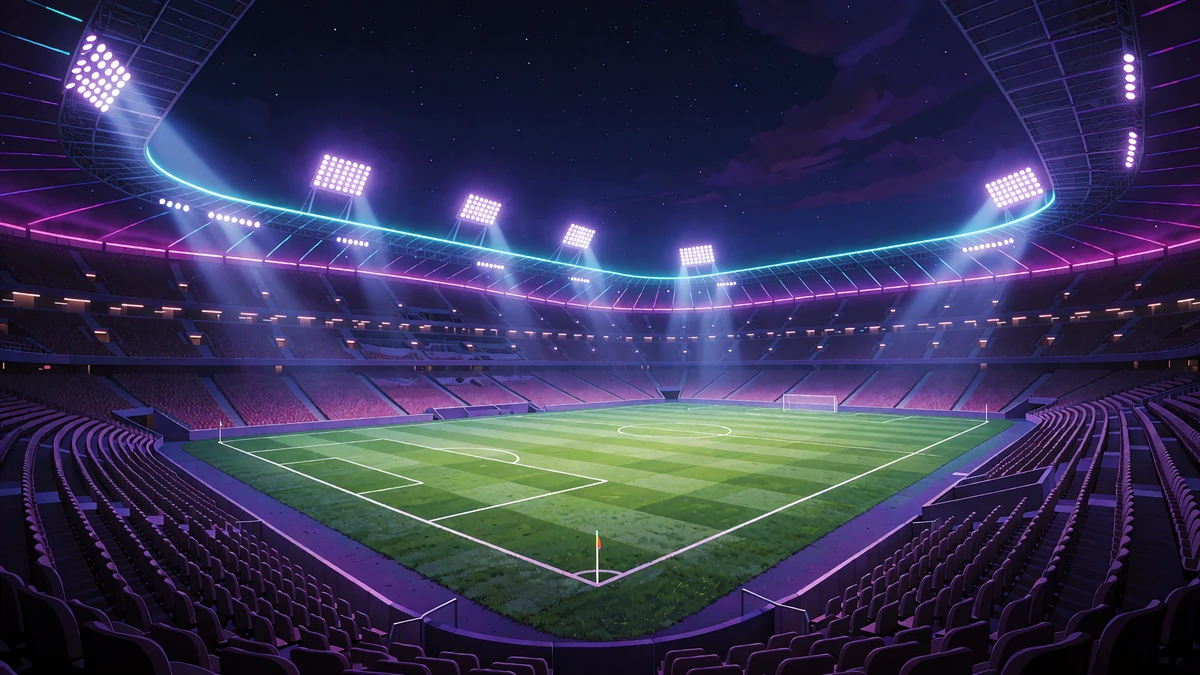 Tom fodboldstadion om aftenen set fra en hj&oslash;rnetribune med projekt&oslash;rlys i violet og hvidt over en gr&oslash;n bane