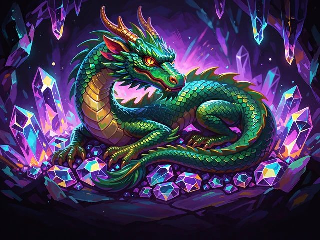 Fantasy-slotmotiv med en smaragdgr&oslash;n drage, der hviler p&aring; violette og turkise &aelig;delsten i en krystalhule