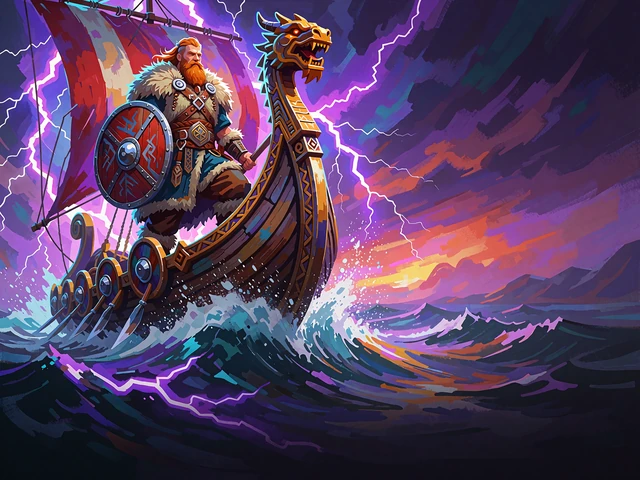 Slotmotiv med en sk&aelig;gget viking ved st&aelig;vnen af et drageskib i storm under violette lyn